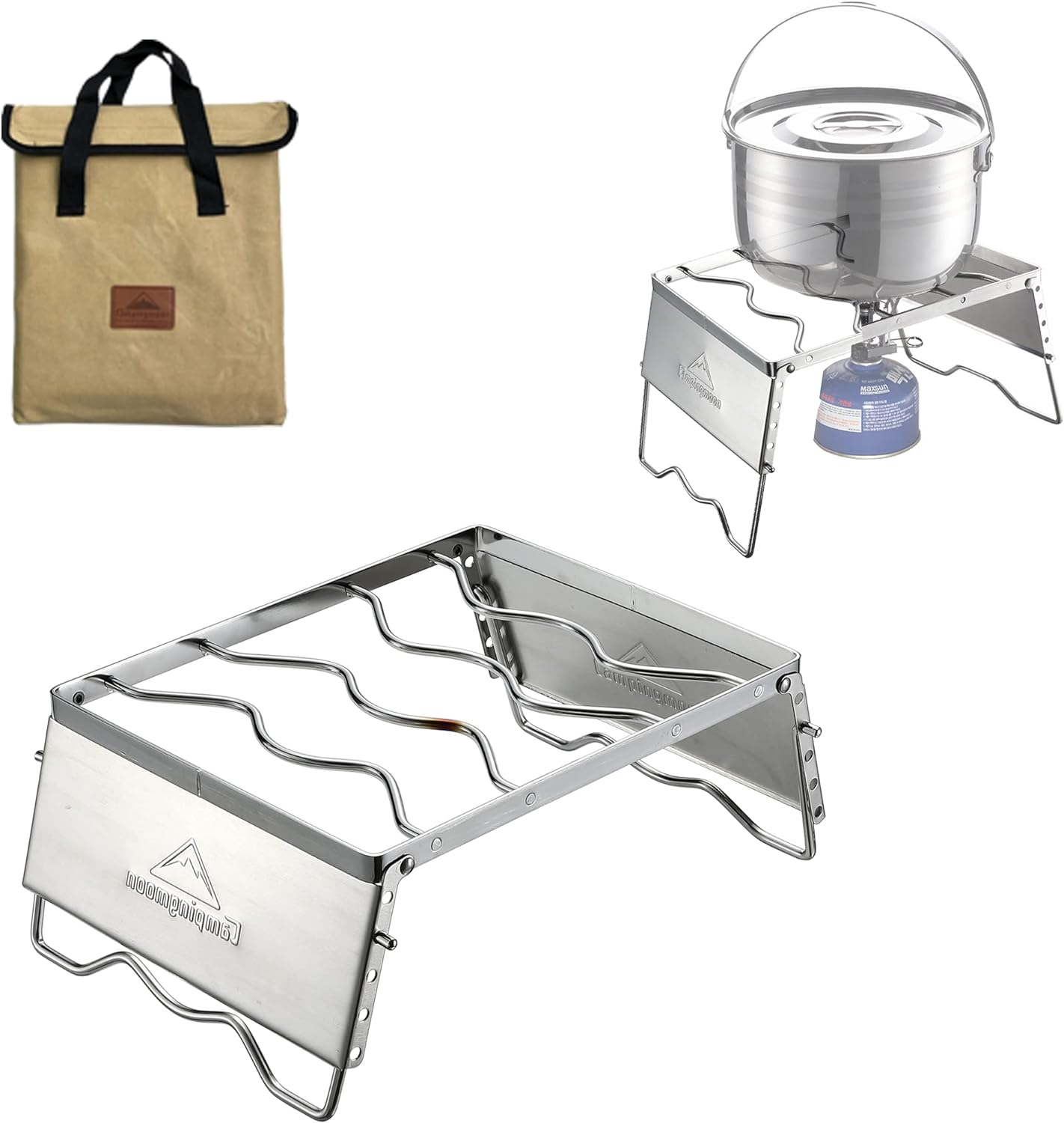 CAMPINGMOON 304 Stainless Steel Portable Open Fire Campfire Grill for Dutch Oven Cooking Ware with Windscreen Legs and Carrying Bag MS-1018