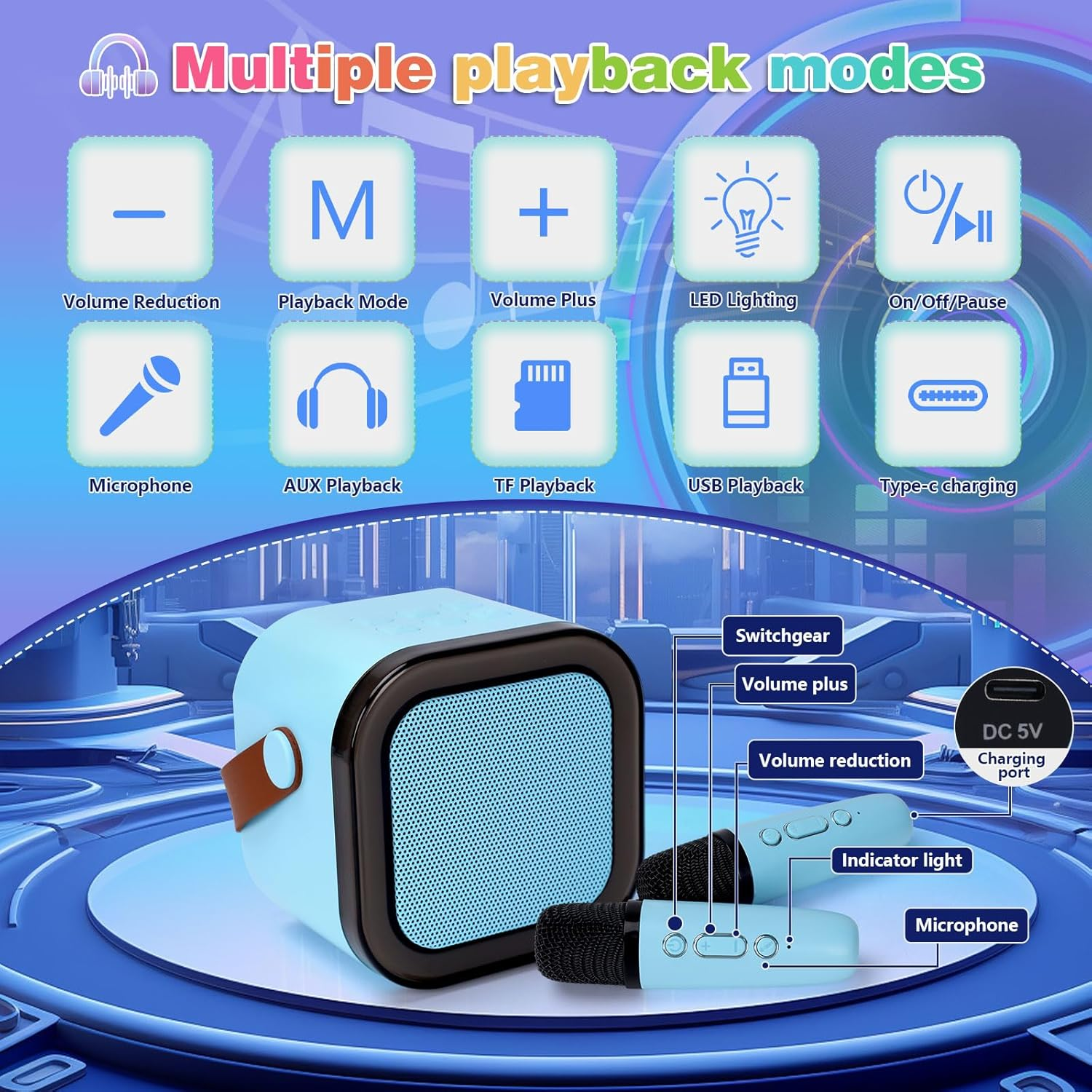 Karaoke Microphone for Kids with Bluetooth Speaker for Kids Toys for Boys and Girls 3-12 Years Old, 5-8 Years Old Boys Gifts (Blue 2 Mic) image number 4