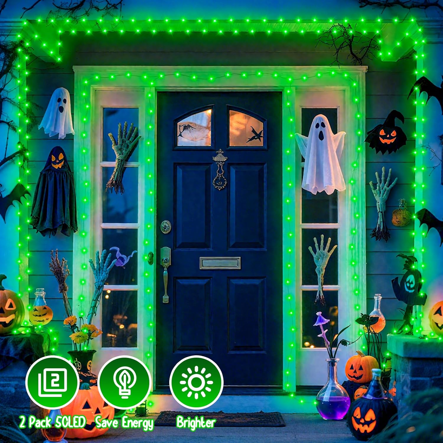 Pack of 2 Halloween Fairy Lights Battery, 5 M 50 LED Green Micro Fairy Lights Battery Operated with Timer, IP65 Waterproof Halloween Decoration Outdoor for Fireplace, Tree, Room, Garden image number 5