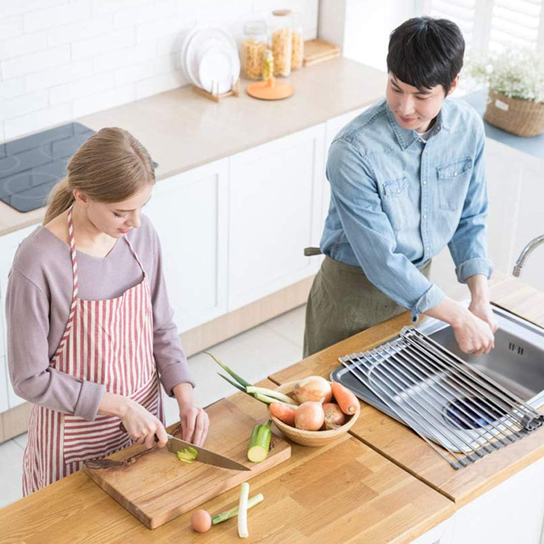 Homexpect over the Sink Dish Drying Rack 17.7 Inches X 16 Inches, 304 Stainless Steel Multipurpose Roll-Up Dish Rack, Foldable, Rollable and Easy to Store, Grey image number 1