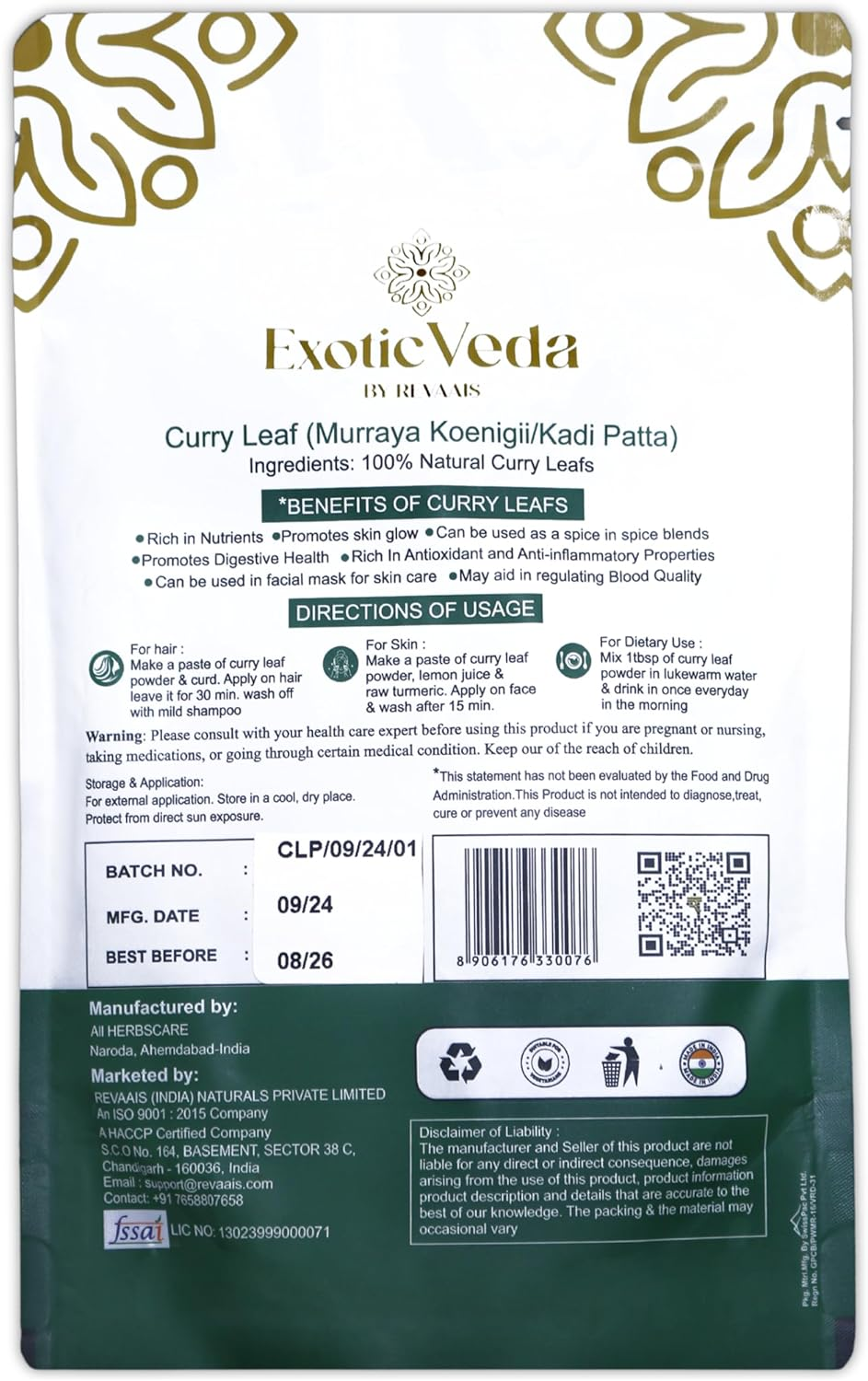 Organic Curry Leaf Powder - Kadi Patta, Rich Nutrients, Culinary & Medicinal Uses, Promotes Hair Growth, Reduces Hair Fall & Graying, Skin Care, Regulates Blood Sugar, Boosts Immunity (100G) image number 3