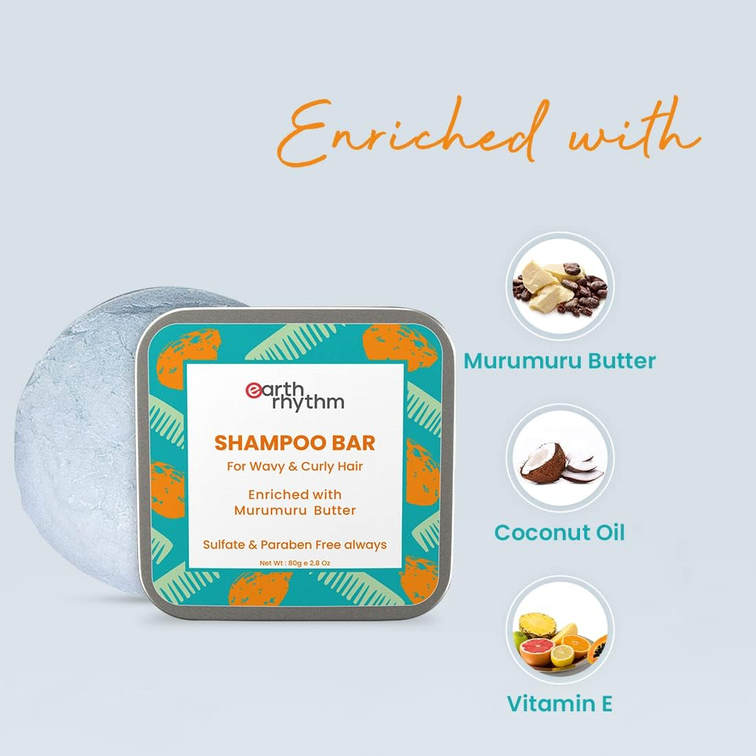 Earth Rhythm Murumuru Butter Shampoo Bar with Vitamin E for Men & Women | Conditions Dry, Frizzy, Curly or Wavy Hair | Softens & Maintains Growth | Sulphate & Paraben Free - 80 Gm (Tin) image number 5
