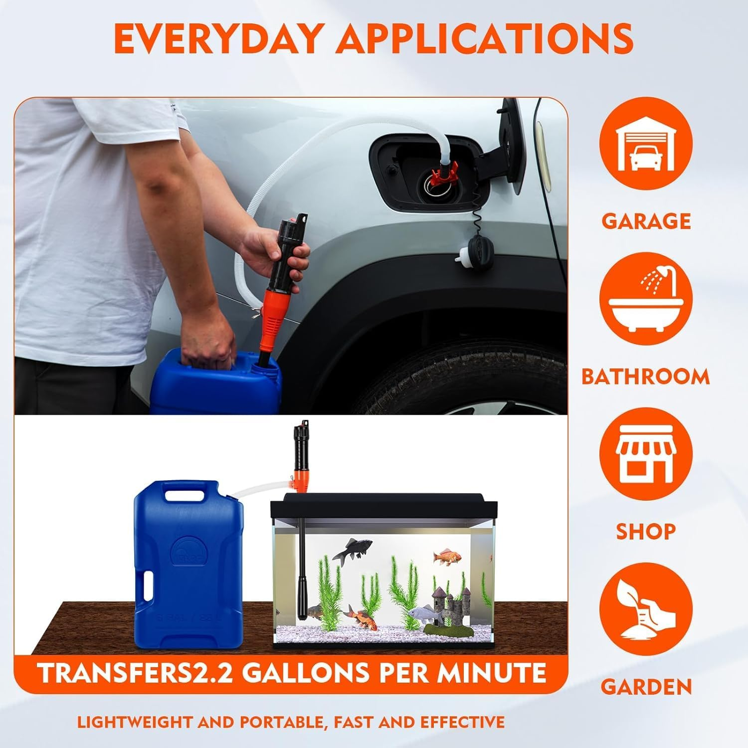 Portable Battery Operated Electric Siphon for Gas, Fuel, Diesel, Water 2.6 GPM Flow Oil Extractor - Easy to Use Hand Fuel, Multi-Use Siphon (Orange)