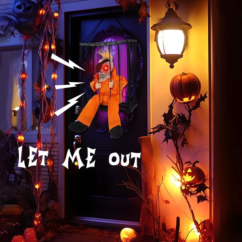 Screaming Animated Halloween Decorations, Halloween Decor Prop with Motion Sensor, Scary Skull Cage Prisoner Haunted House Decor, Spooky Hanging Ghost Eyes Glow Decorations image number 2