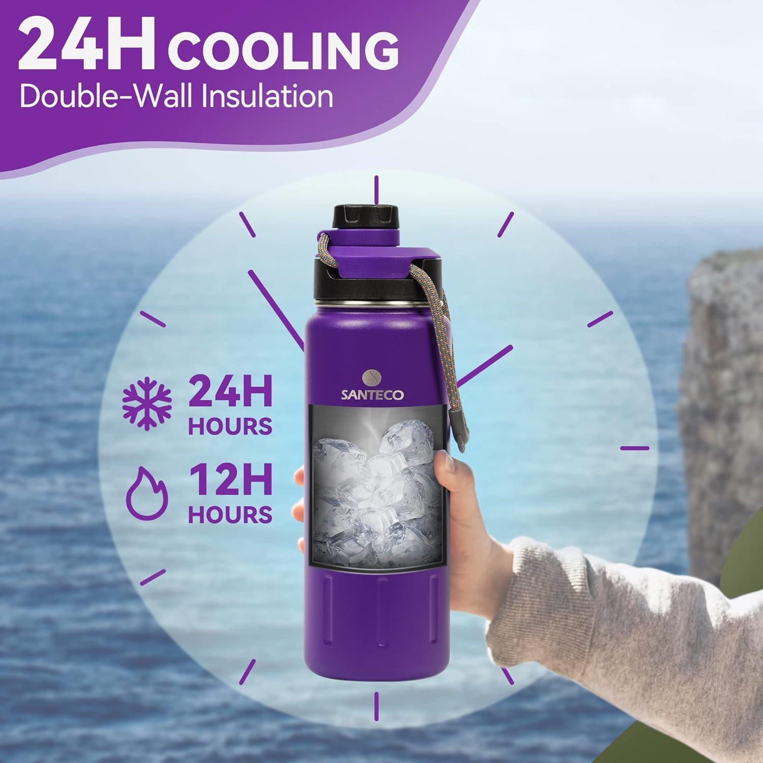 Santeco Insulated Water Bottles 24 Oz, Stainless Steel Flask with Lanyard & Wide Mouth Spout Lid, Leak Proof Double Wall Vacuum Drink Bottle, Keep Drinks Hot & Cold for Hiking Camping - Purple image number 5