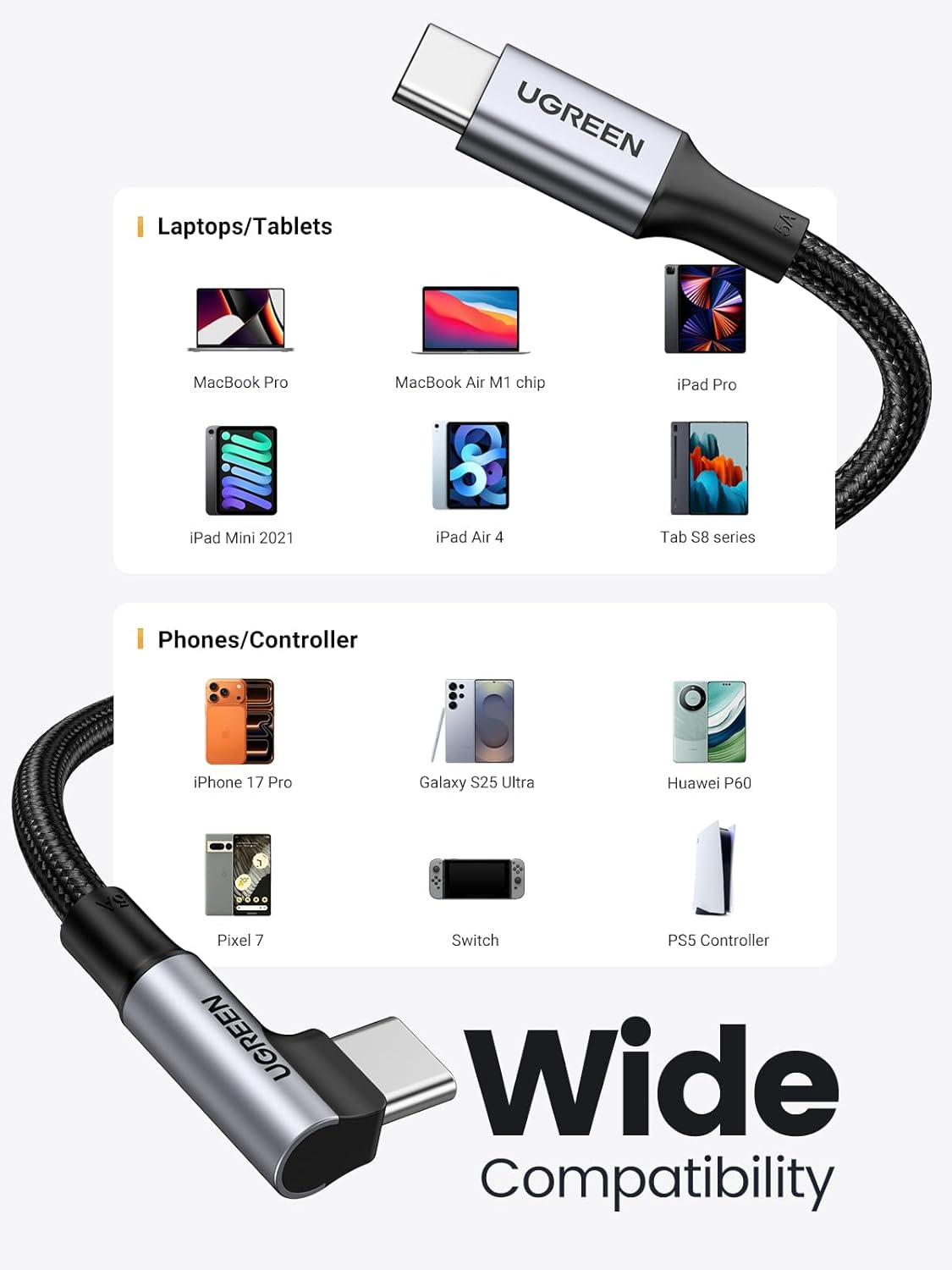 UGREEN 100W USB C to USB C Cable Right Angle, PD Charging Cord, 480Mbps Data Transfer, for Iphone 17, Macbook Pro, Ipad, Matebook, Chromebook, Pixel 10, Galaxy S25, Dell XPS, Switch, 3M, Black image number 5