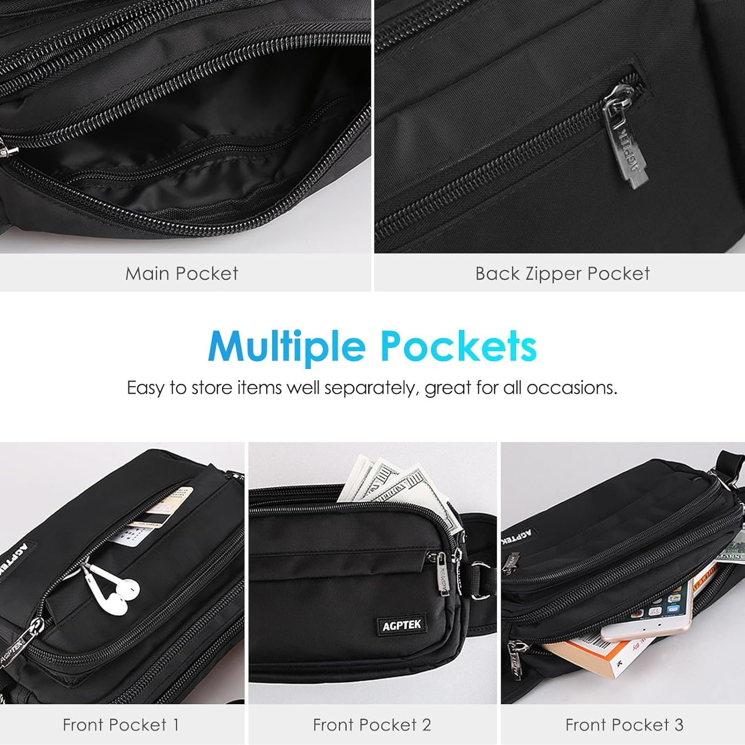 AGPTEK Fanny Pack for Women Men, RFID Large Capacity Waist Wallet Bag, Adjustable & Waterproof Bum Belt Pouch for Travel, Running, Shopping, Hiking, Dog Walking, Cycling, Climbing (Black) image number 2