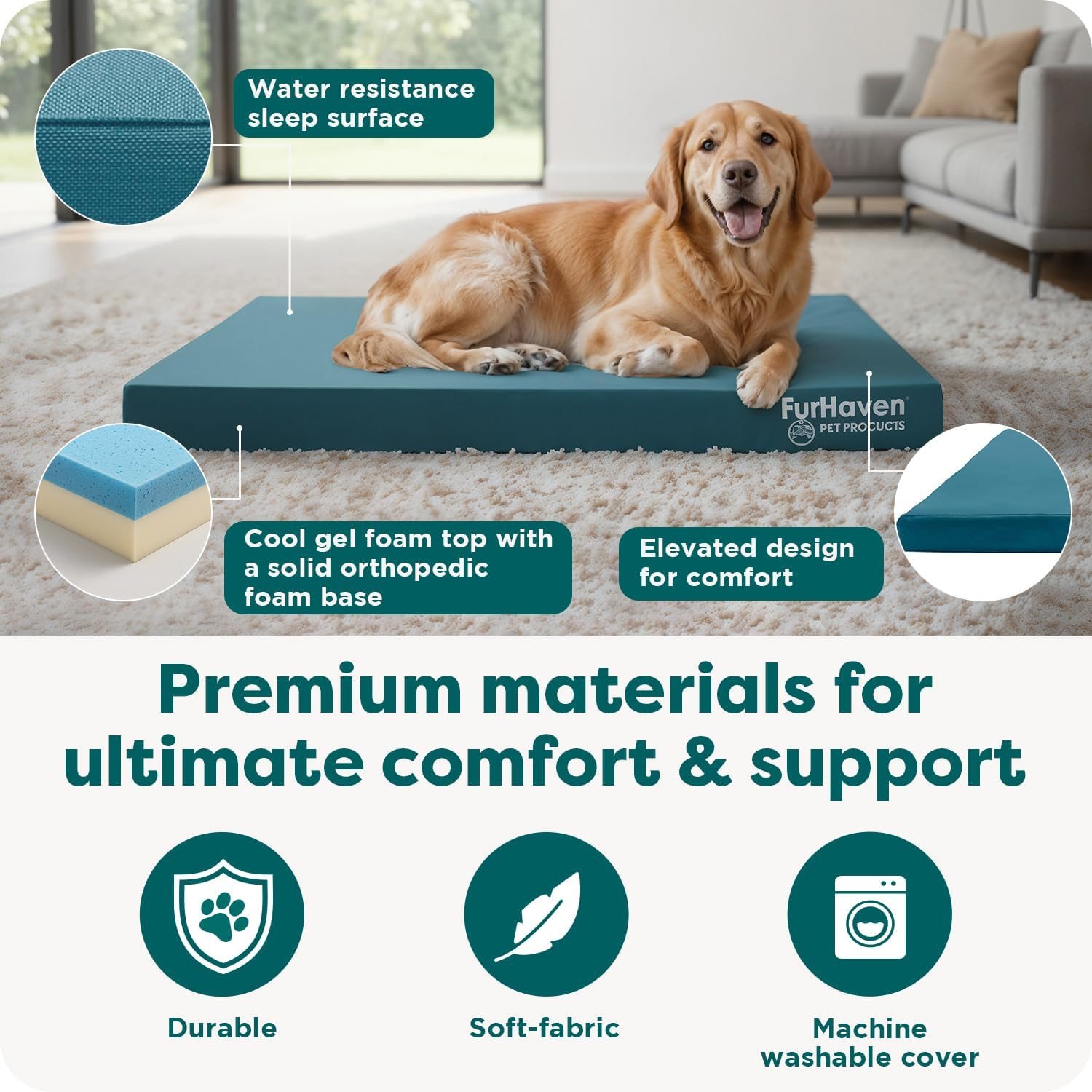Furhaven Water-Resistant Cooling Gel Dog Bed for Medium/Small Dogs W/Removable Washable Cover, for Dogs up to 35 Lbs - Indoor/Outdoor Logo Print Oxford Polycanvas Mattress - Deep Lagoon, Medium image number 1