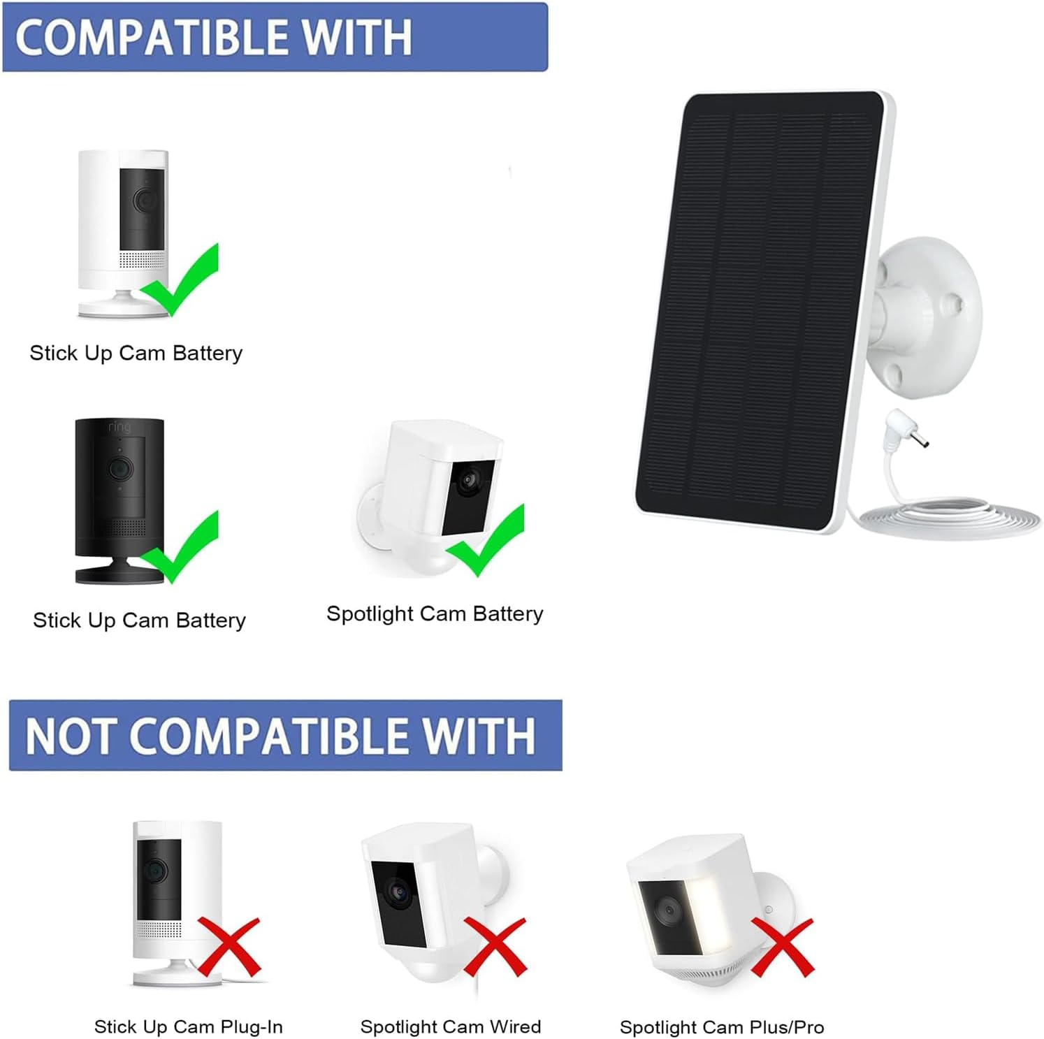 Upgrade 5W Solar Panel for Ring Camera, Compatible with Ring Spotlight Cam(Battery), Stick up Cam Battery, with 9.8Ft Cable, Barrel DC Port, Micro USB and Usb-C(Not for Spotlight Plus/Pro) 1 Pack - 1 Pack image number 6