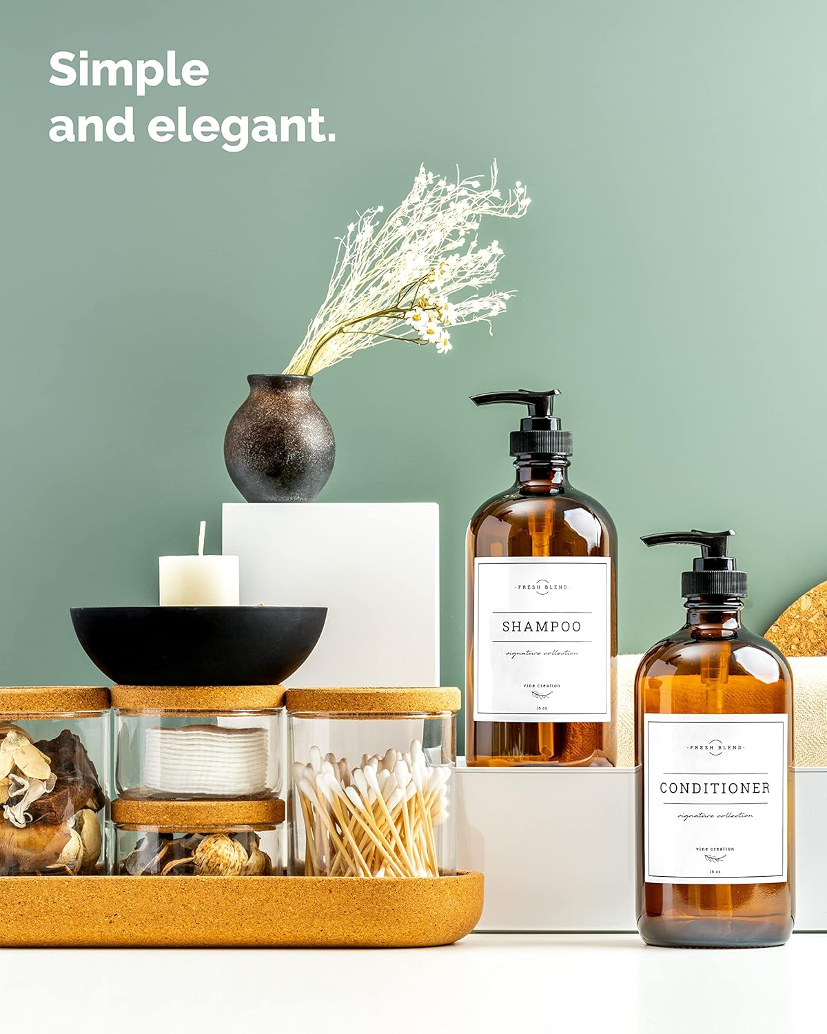 Vine Creations Amber Glass Soap Dispenser 2 Pack, Thick 16Oz Glass Bottles with Black Plastic Pump, Modern Kitchen Bathroom Decor, Hand Soap and Dish Soap Dispenser Jar, with Waterproof Labels (Amber) - Amber image number 3