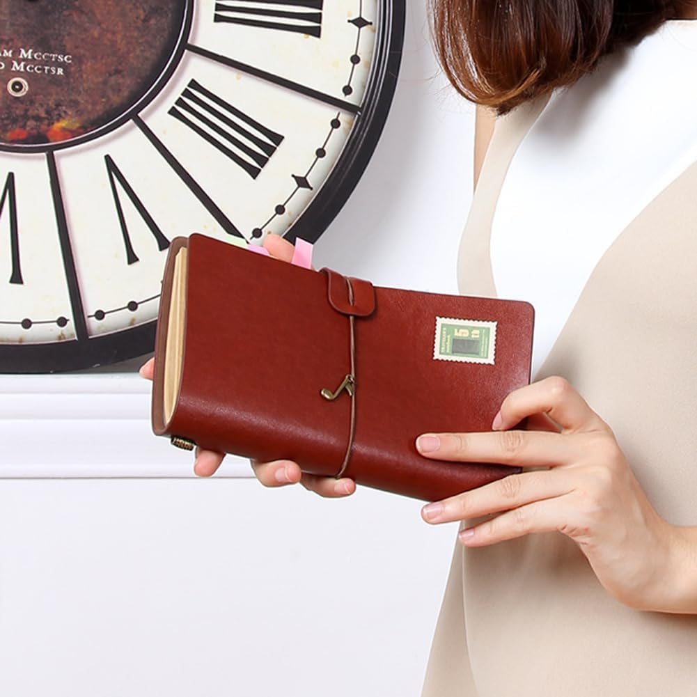 Travel Journal Notebook, Pyhot Vintage Retro Handmade Leather Journal Refillable Note Book with Kraft Paper, Lined Paper and Card Pocket,4.72 X 7.87Inch (Wine) - Brown image number 4
