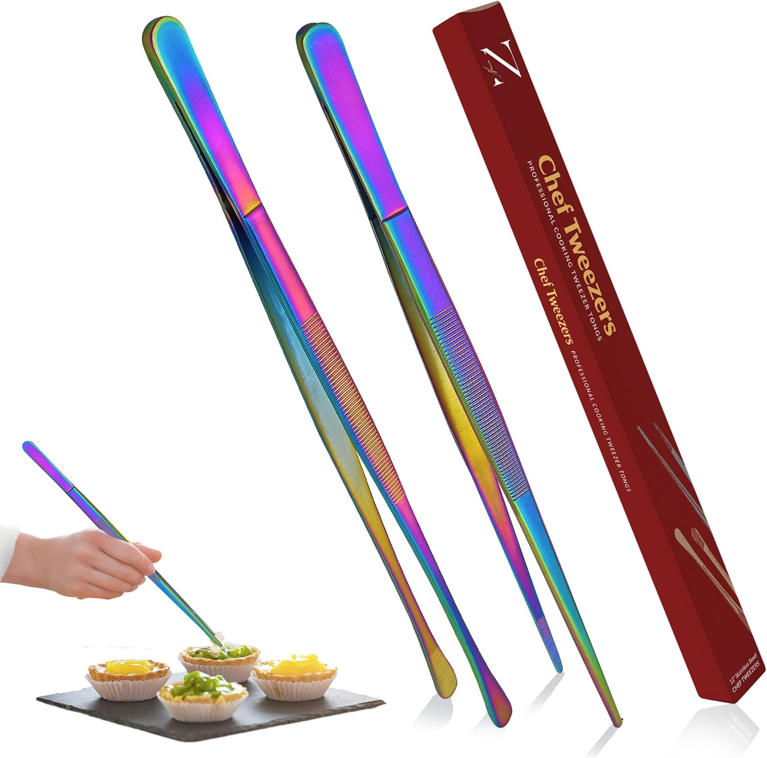 Namre' Tweezer Tongs for Cooking -Plating - 2 Pack Stainless Steel Cooking Tongs - Thin Chopstick Precise & Strong Chef Tweezers for Food & Small Objects - 12 Inch - (Gold)