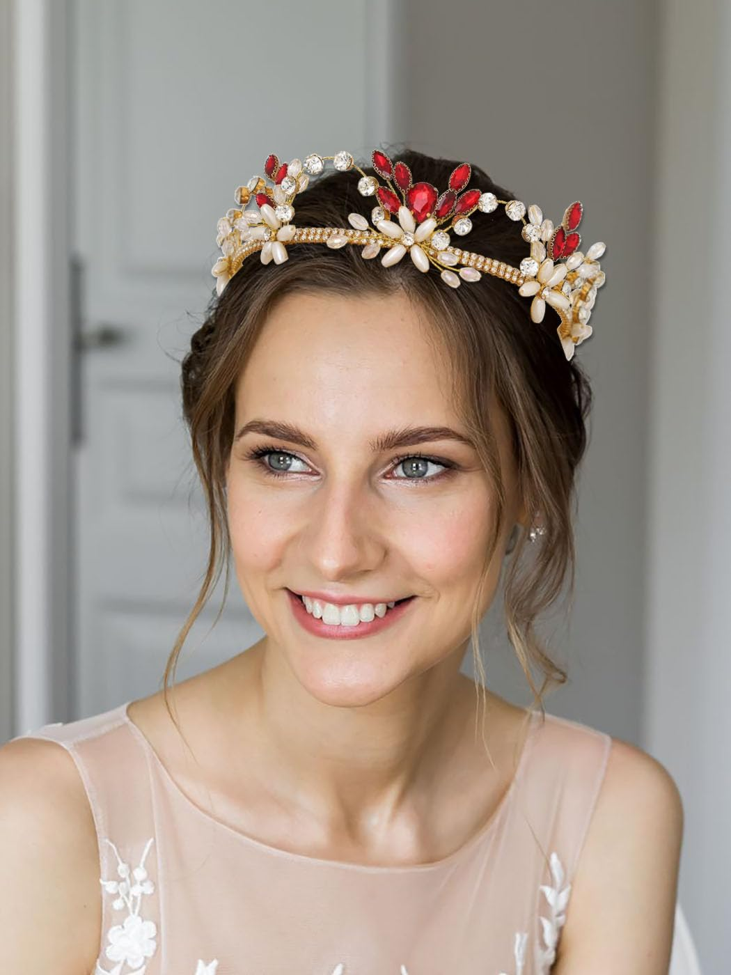 IYOU Princess Tiara Crown Red Rhinestone Crowns Pearl Jewellery Hair Accessories Birthday Party Christmas Headpiece for Women and Girls image number 4