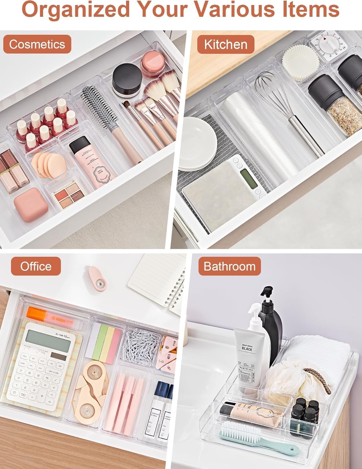 37 PCS Clear Plastic Drawer Organizers Set, 4-Size Versatile Bathroom and Vanity Drawer Organizer Trays, Storage Bins for Makeup, Bedroom, and Office image number 3