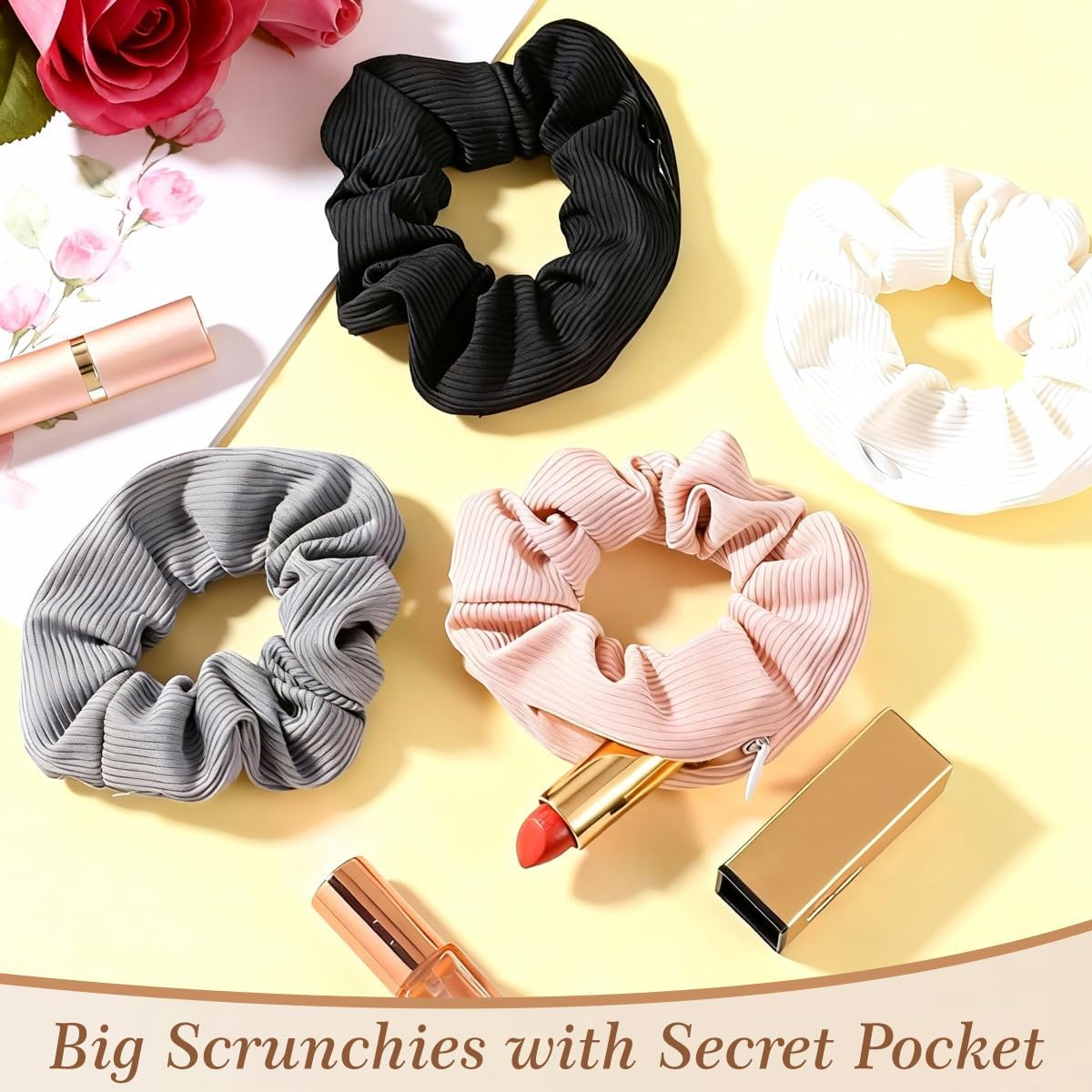 4Pcs Pocket Scrunchies Hidden Zipper Hair Ties Key Storage Bag Stash Ponytail Holder with Secret Compartment for Women Thin Fine Curly Hairs (Mixed Colors) image number 4