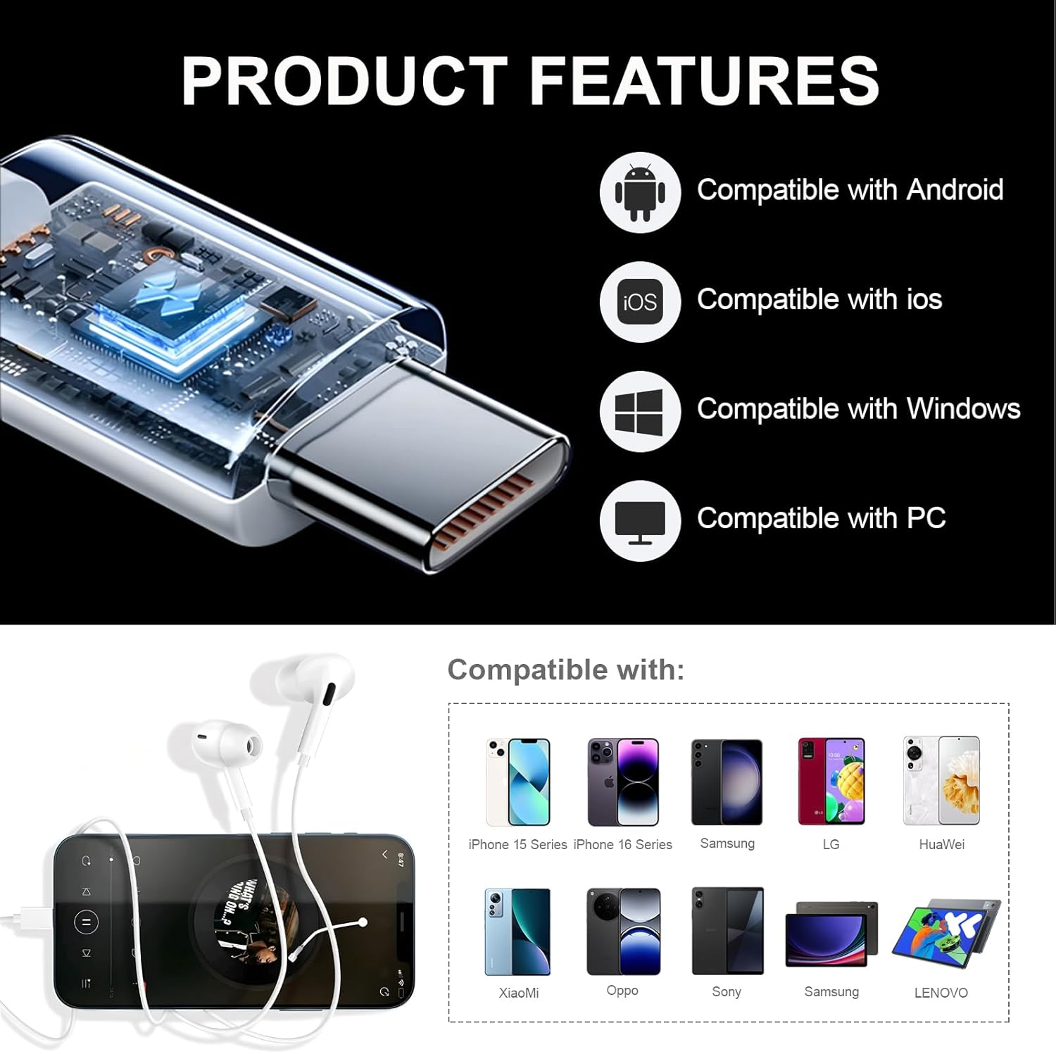 SRLWMYI 3 Pack USB C Wired In-Ear Headphones with Microphone and Volume Control Cable Headphones for Iphones 15/15Pro/15Plus/16/16 Pro/16Plus/Galaxy S24/S23/Google Pixel/Huawei image number 2