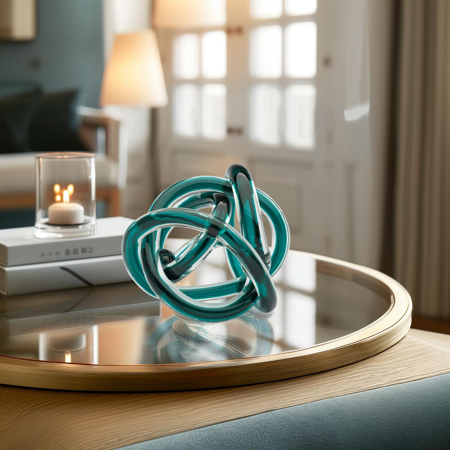 Torre & Tagus Orbit Hand Blown Glass Infinity Knot Sculpture - 4.5 Inch Glass Art Teal Knot Decor Ball for Home Decor, Small Centerpiece Table Decoration for Home Interior (Clear Teal) image number 5