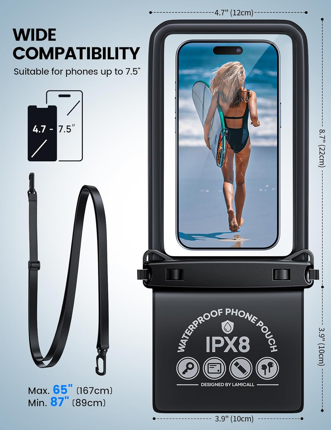 Lamcall 2Spaces Waterproof Phone Pouch Bag - 7.5" Waterproof Smartphone Case with Lanyard, IPX8 Cell Phone Dry Bag Beach Essentials for Iphone 17 Pro Max Air 16/Plus/15/14/13, Galaxy 24/23/22, 4-7.5" image number 2