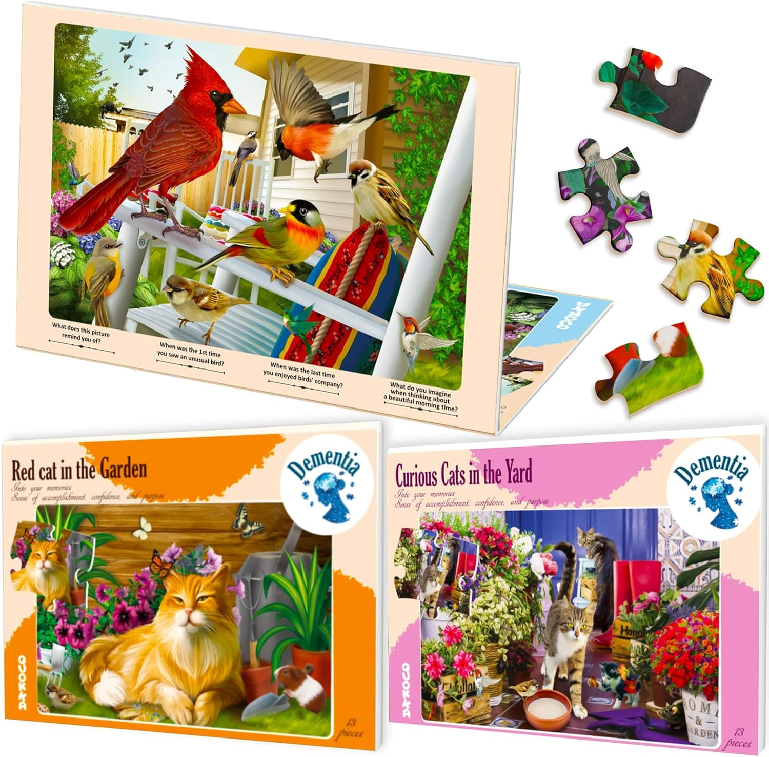 QUOKKA 13 Piece Dementia Activities for Adults - 3 Set Dementia Puzzles for Elderly - Large Piece Gifts Products for Seniors - Alzheimers Jigsaw Puzzle Games for Adults with Cat, Dog, and Birds