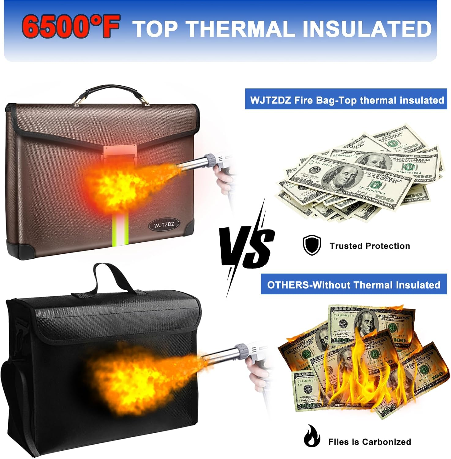 6500&deg;F Fireproof Document Bag with Lock,Upgraded Large Capacity Fireproof/Waterproof Money Bag with Zipper/Reflective Strip,Storage Pouch for A4 Letter Size Document,Cash,Cell Phone,Passport image number 3
