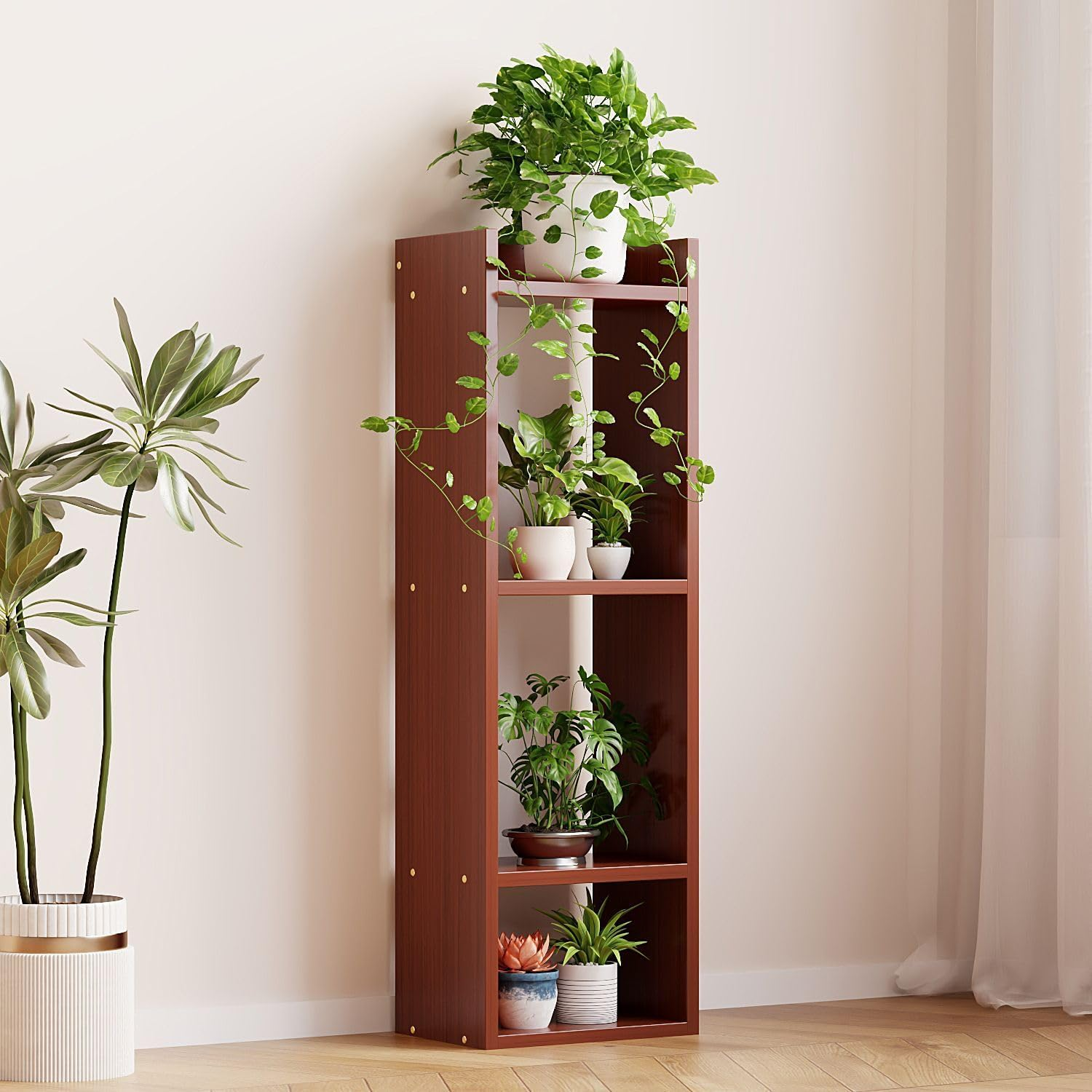 Hbluefat 4 Tier Small Bookcase, Floor Standing Open Bookshelf, Multipurpose Display Storage Organizer Shelf for Home Office Living Room Bedroom (Teak) - Wood image number 6