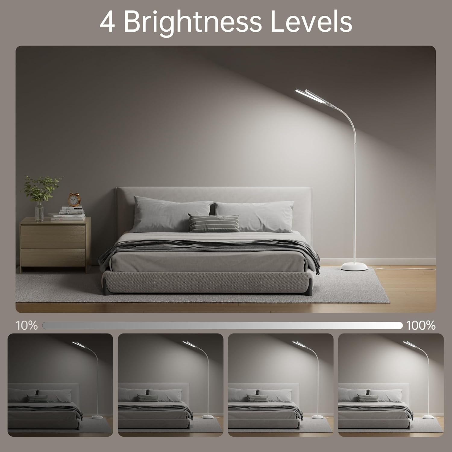 Dual LED Light Bar Floor Lamp, 59Cm Long 180&deg; Wide-Angle Stand Lamp, Independent Dual-Head Control Reading Light, 4 Brightness Levels, Floor Lamps for Living Room with 360&deg; Flexible Gooseneck (White) image number 4