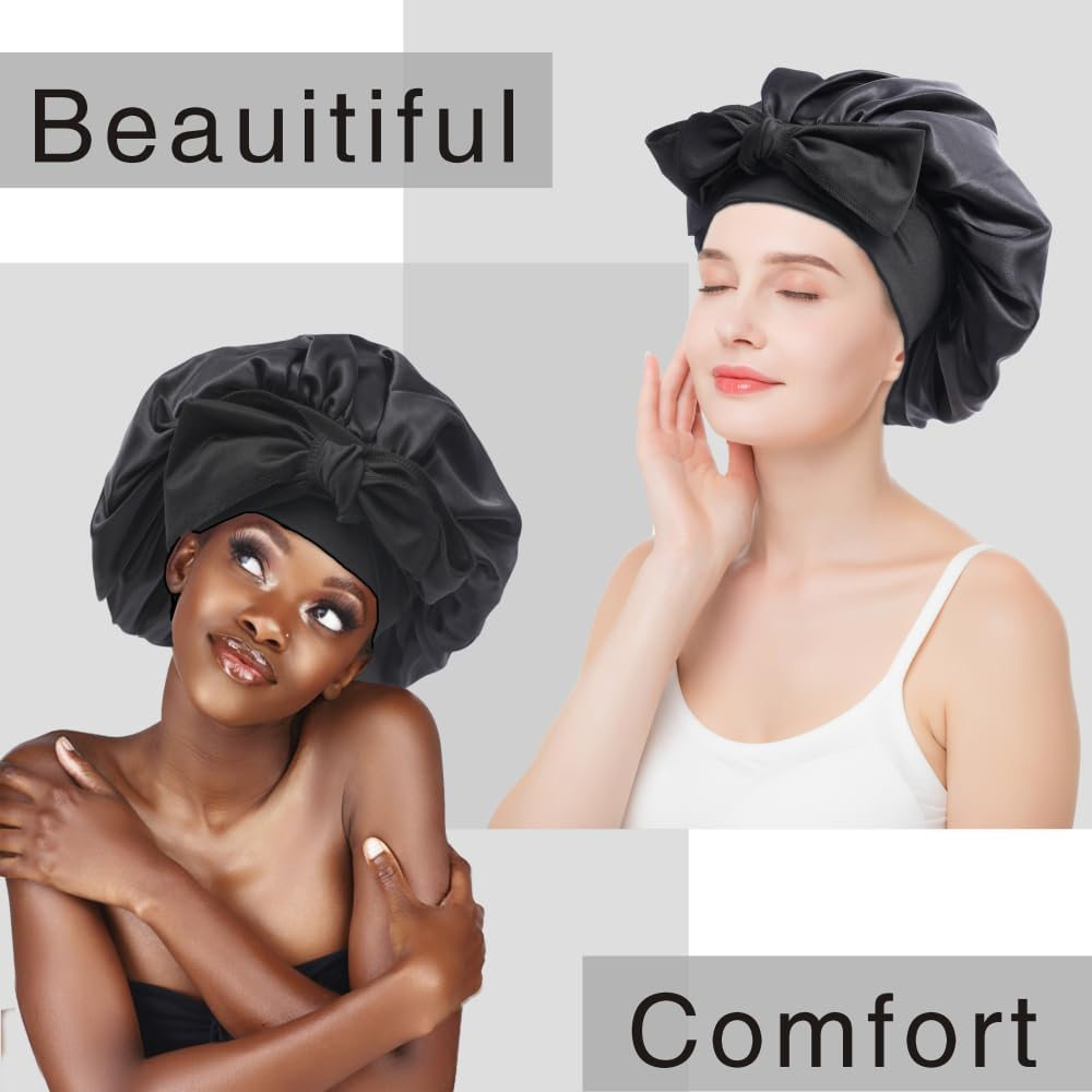 Mumoo Bear Silk Bonnet Satin Hair Bonnet for Sleeping Night with Tie Band with Head Wrap for Women (Black)