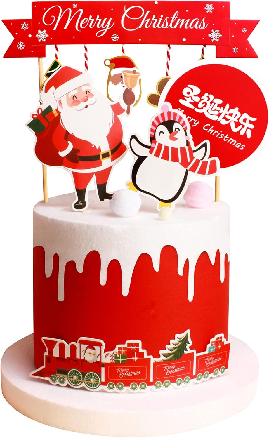 5Pcs Merry Christmas Cake Toppers Decorations Set DIY Penguin Santa Claus Christmas Cake Banner Cupcake Toppers for Winter Xmas Holiday Frozen Party Supplies image number 2