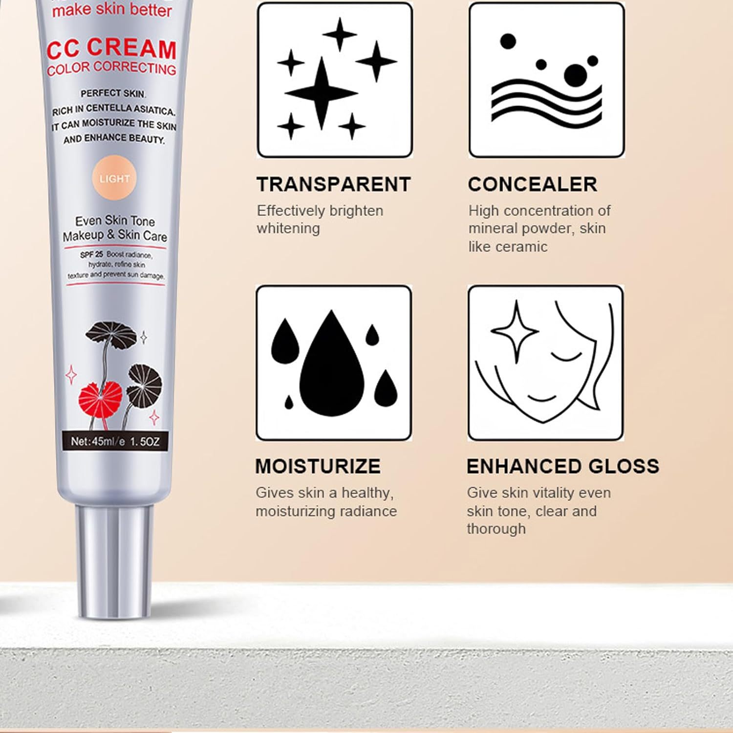 CC Cream-Colour Changing and Correcting Foundation with Centella Asiatica,Light Shade for Moisturizing & Even Skin Tone, Makeup and Skin Care, 1.5Oz/45Ml