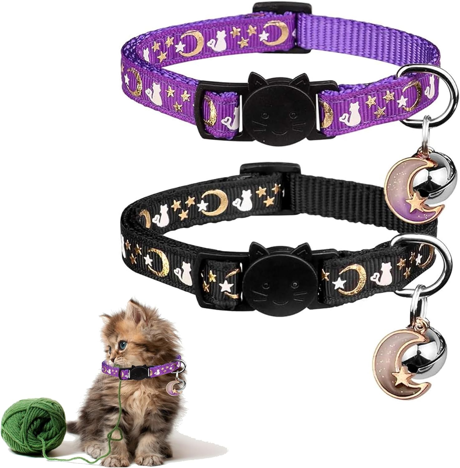 2Pcs Breakaway Cat Collar,Cat Collar with Bell,Cat Collar Airtag,Kitten Collar,Cat Collars,Moons Stars Cute Kitty Adjustable Safe Kitten Collars with Pendant Glow in the Dark(Black&Purple) image number 4