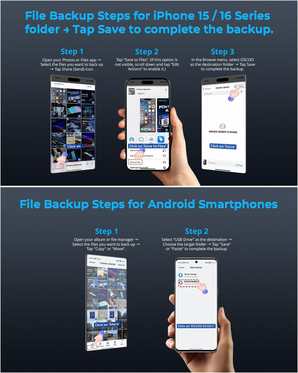 OSCOO 512GB USB Flash Drive &ndash; USB 3.2 Gen1 High-Speed Thumb Drive, up to 550Mb/S, Dual USB-C & USB-A Ports, Compatible with USB-C Smartphones, Android, PC, Laptop &ndash; Portable Photo & Video Backup Stick image number 3