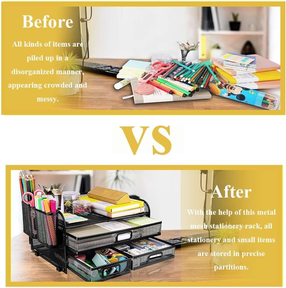 Desk Organizer,File Holder,Multi-Functional Mesh Desk Organizer,Desktop File Sorter Rack,Office Accessories,With Pencil Holders for Home,Office,School (Black) image number 6