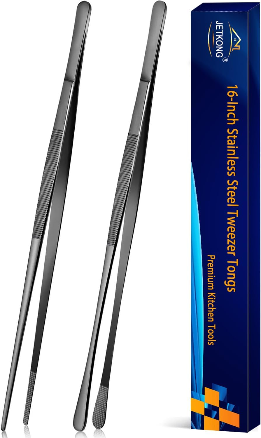 JETKONG 2 Pcs 16-Inch Kitchen Tweezers Tongs with Precision Serrated Tips, Stainless Steel Chef Tweezer Professional Cooking Tweezers for BBQ, Plating and Serving (16-Inch, Black) image number 4