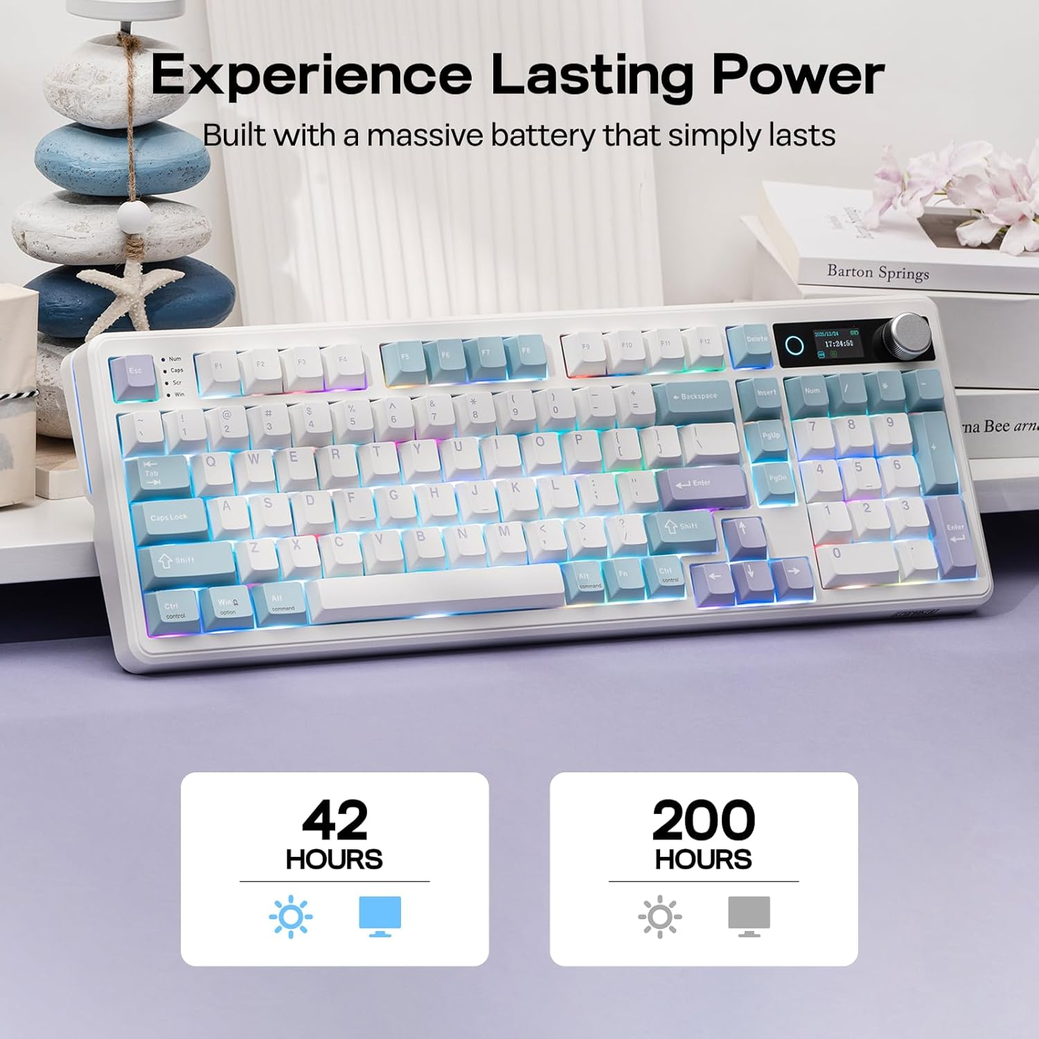 EPOMAKER TH99 PRO 96% Mechanical Keyboard with Screen & Knob, 10000Mah, 2.4Ghz/Bt, Hot Swap, Custom Driver, RGB Backlight, PBT Keycap, Wireless Gaming Keyboard for Pc/Mac (Blue&White, Sea Salt Silent) image number 3