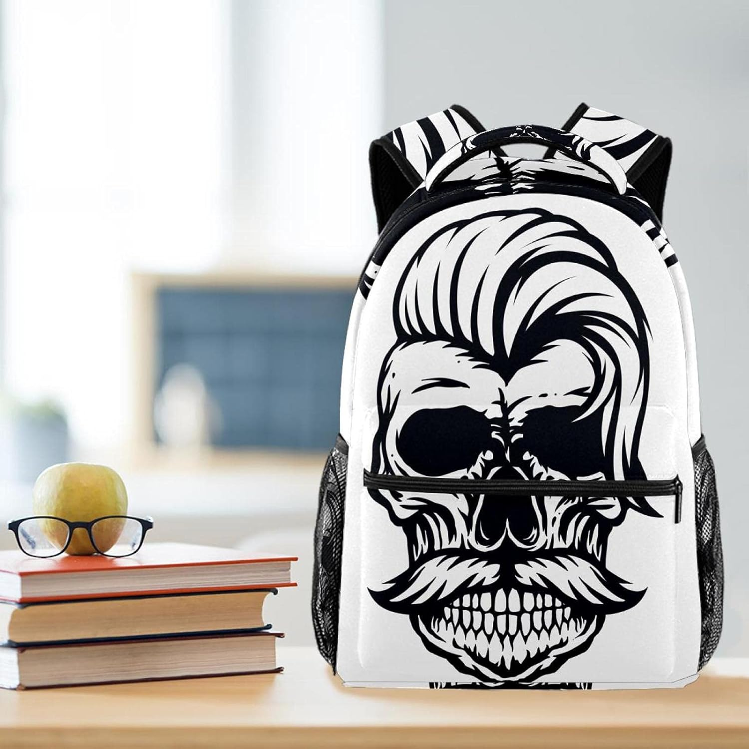 Skull with Stylish Hair Line Art Backpack Students Shoulder Bags Travel Bag College School Tote Backpacks image number 1