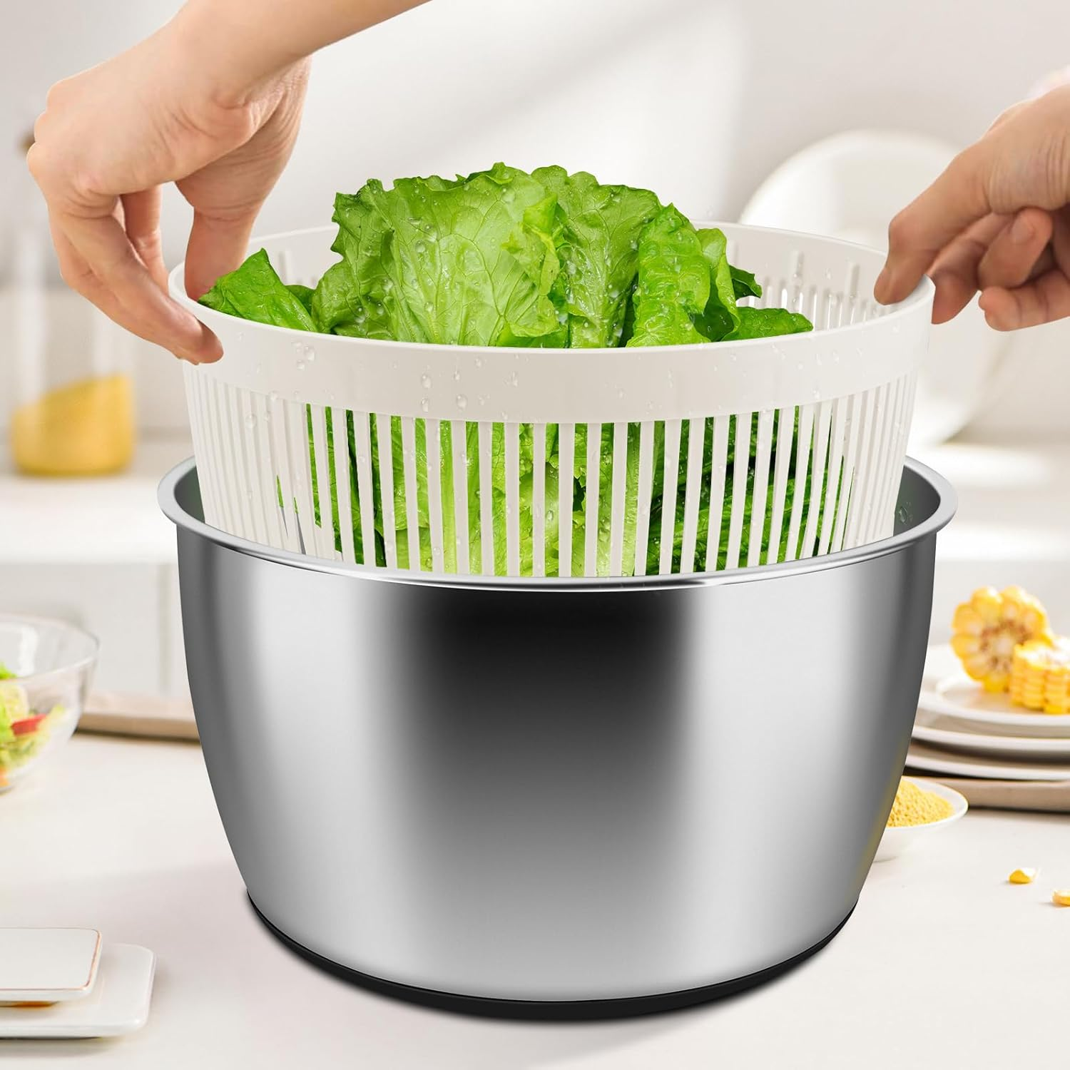 RAINBEAN Salad Spinner Stainless Steel Large, Multi-Use Lettuce Spinner Wash Spin and Dry Fruits and Vegetables with Drain Bowl Colander Spinner (5 Qt) image number 1