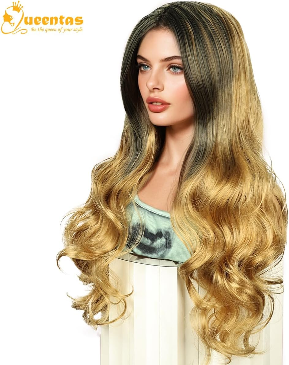 QUEENTAS 24 Inch Blonde Long Curly Wigs for Women Wavy Synthetic Hair Wig（Black Mixed Blonde）