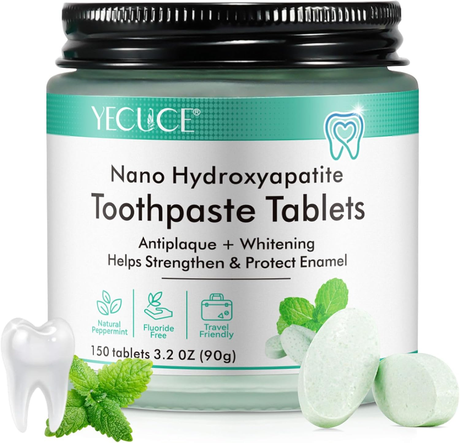 Toothpaste Tablets 150 Counts, Sensitive Bites with Nano Hydroxyapatite, Travel Mouthwash Tablets Help Strengthen & Protect Enamel, Chewable Tablet (Peppermint) image number 2