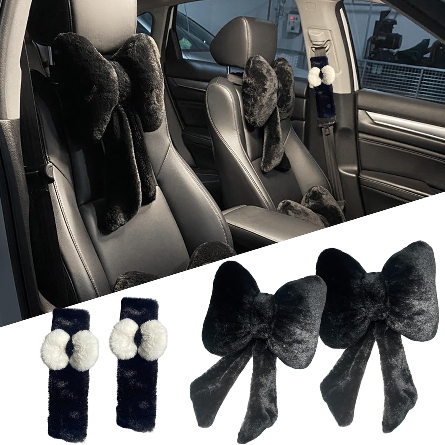 Car Neck Pillow 2PCS Plush Bowknot Car Headrest Pillow &ndash; Comfortable Neck Support for Driving Soft Touch Fabric Car Pillow Cute Girl-Style Interior Decor (Black)
