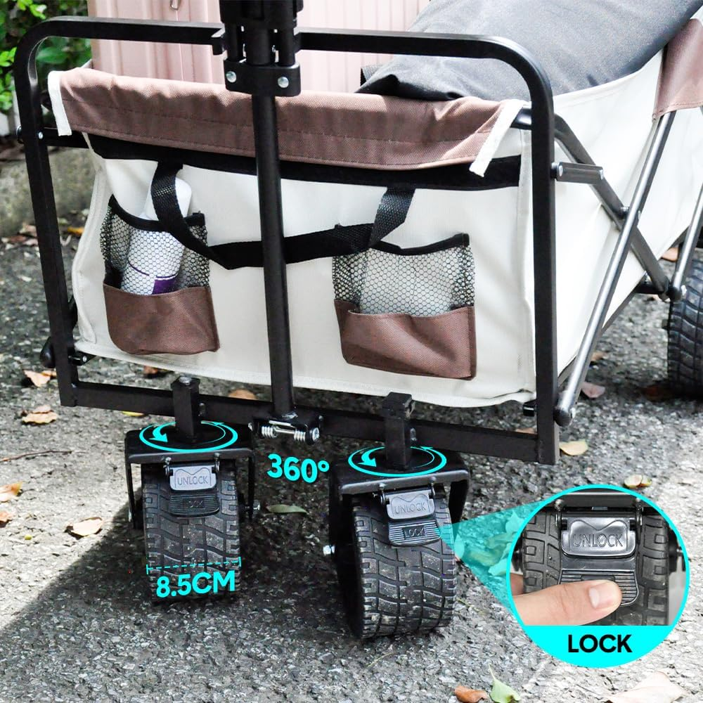 Folding Wagon Cart Camping Cart Beach Trolley Heavy Duty Collapsible Wagon Adjustable Utility Grocery Wagon with Pockets, Adjustable Angle Handle Large Wheels with Lock, 200KG Loading image number 1