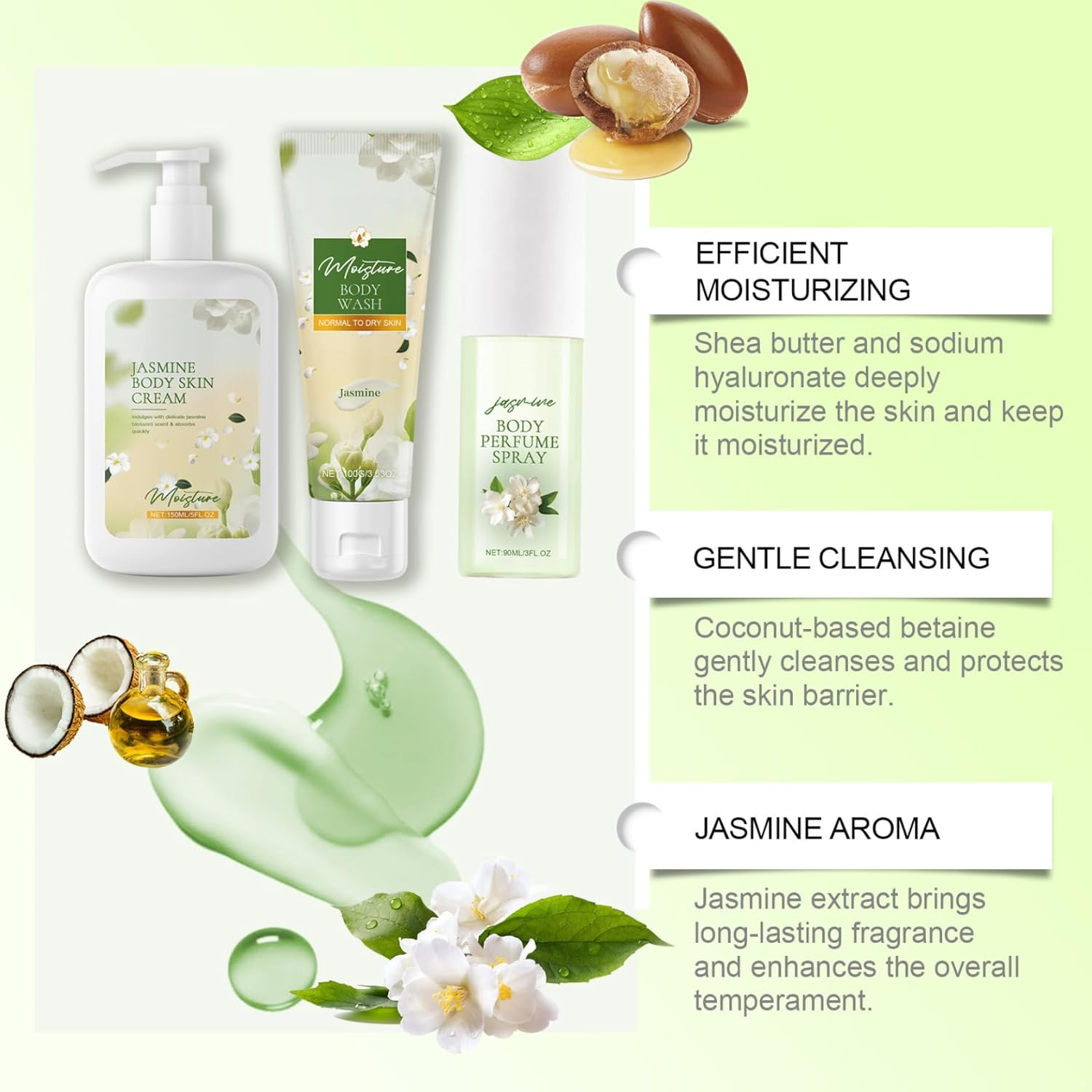 Hedmy Floral Jasmine Body Care Set 3 Piece Gift Bundle for Women Body Wash Lotion and Perfume Long Lasting Fragrance Moisturizing Formula White One Size
