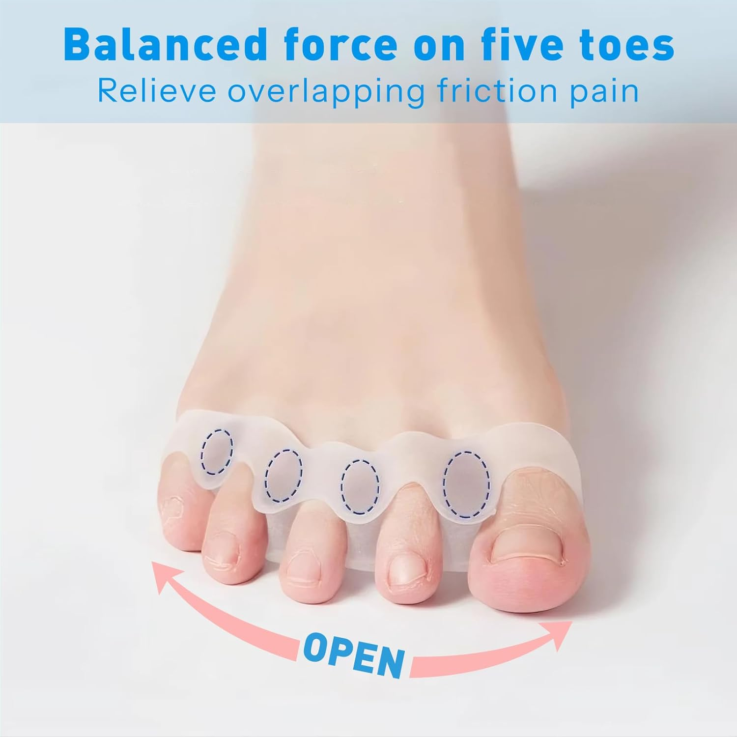 Toe Separators and Spacers, 4 Pairs of Soft Gel Toe Spreaders for Bunion Correction and Foot Pain Relief, Toe Stretchers Suitable for Men and Women, Ideal for Hammer Toes, and Claw Toes, Blue/White image number 4