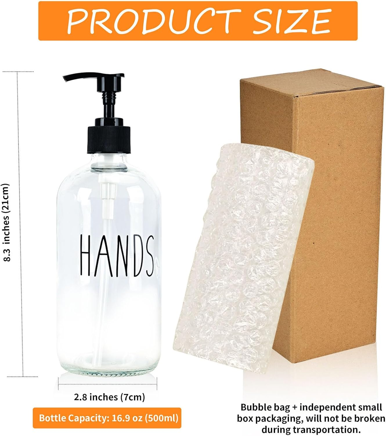 Glass Hand Soap Dispenser 500Ml Large Pump Bottle Refillable Liquid Dispenser for Bathroom Kitchen Cute Modern Farmhouse Style Home Decor (Clear Hands) image number 3