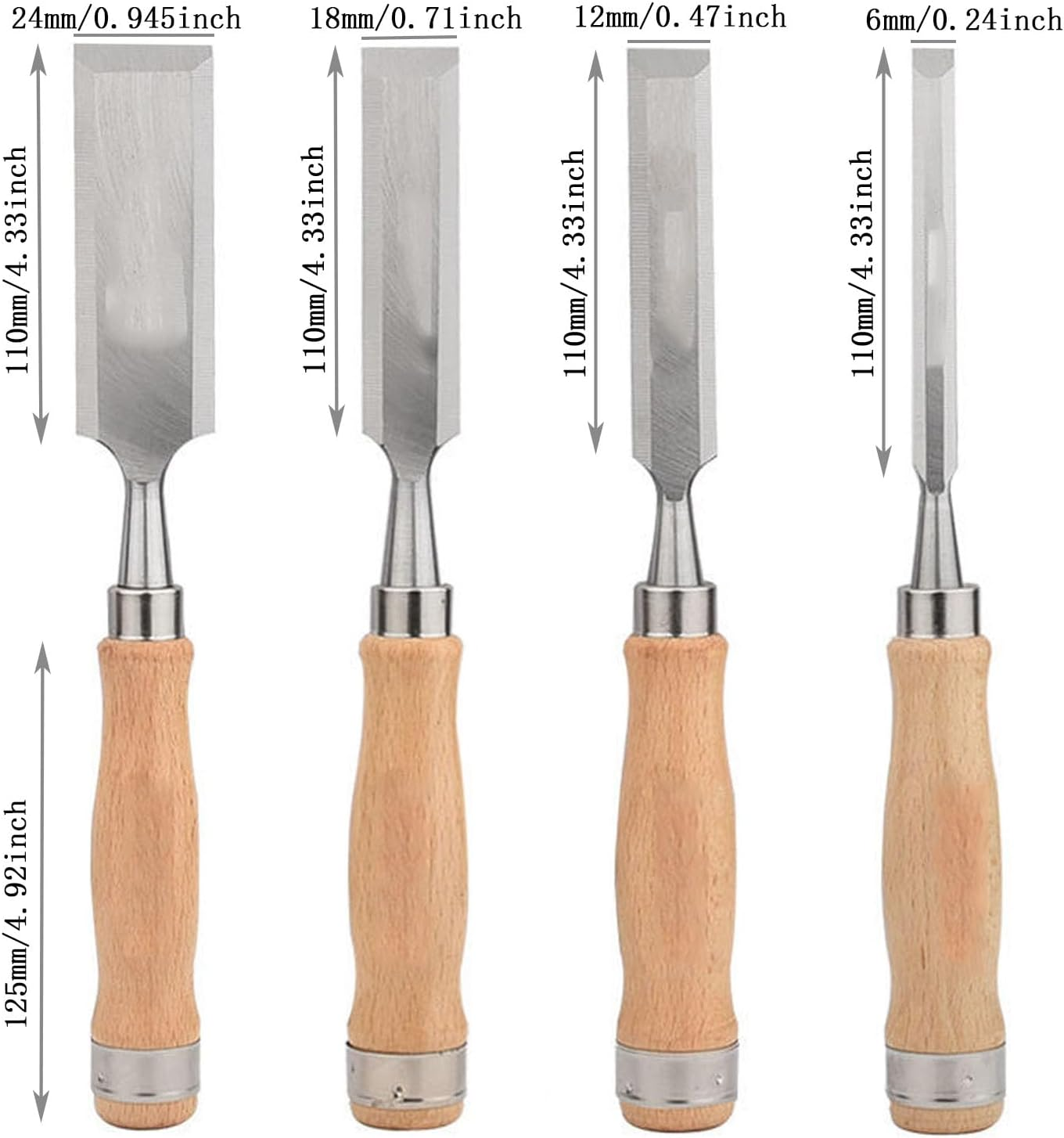 Shengsenfu 4 Pcs Wood Chisel Set, Carbon Steel, Bevel Edge, Ideal for Wood Carving, Engraving & Construction