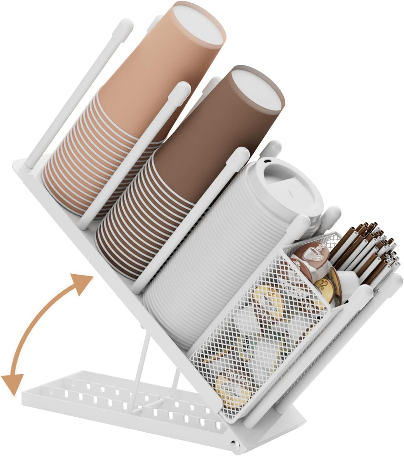 Ovicar Cup and Lid Holder - Adjustable Coffee Cup Holder Organizer 4 Compartment Disposable Cup Dispenser with Mesh Basket for Coffee Pod Straw Storage Metal (Black)