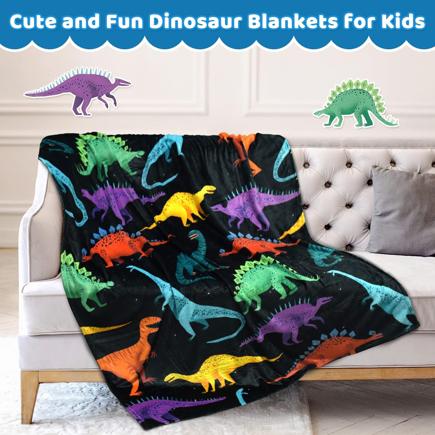 Kids Dinosaur Throw Blanket for Boys Girls, Cute Dinosaurs Blanket for Sofa Bedroom Living Room - 40X50 Inches Black Blanket Dino Perfect Kids Gifts for Boys Girls Christmas Birthday Gift image number 1