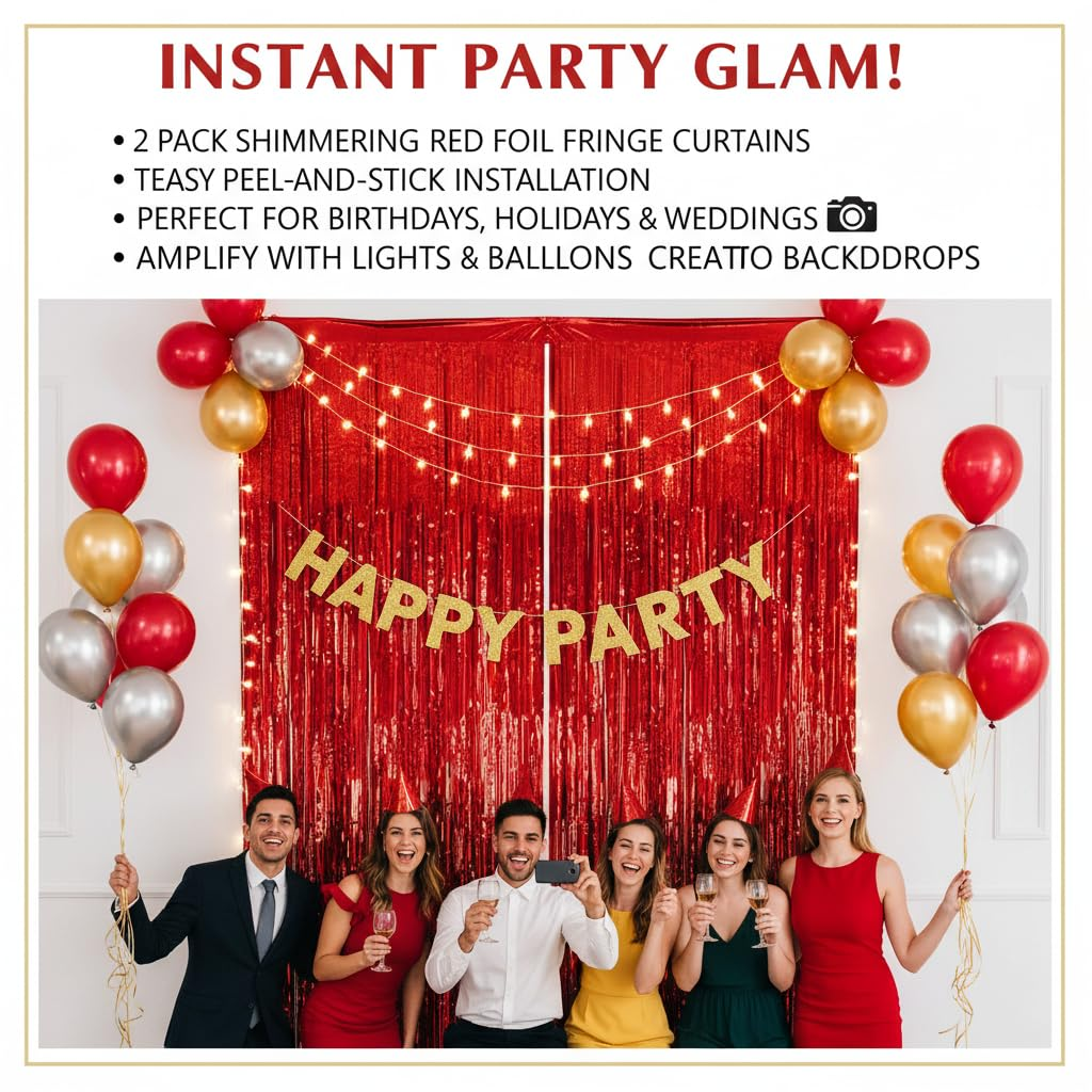 Red Curtain Christmas Decoration Party Backdrop, 2 Pack Red Fringe Foil Streamer Tinsel Curtain for Wall Door, Compatible with LED Lights and Balloons, Ruibex - Red image number 5
