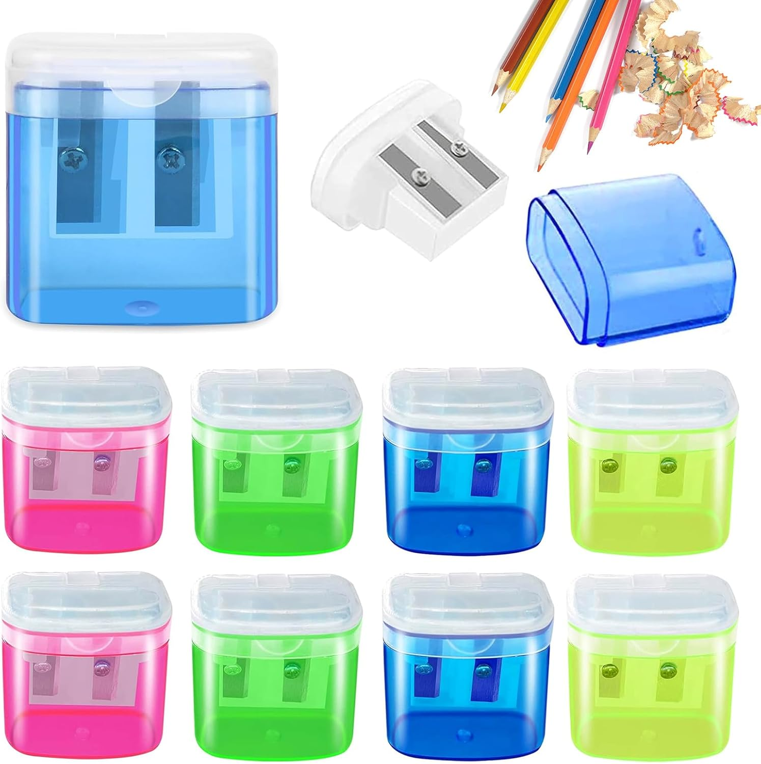 TOOGABBIE 8 Pcs Pencil Sharpeners,Pencil Sharpeners Manual,Dual Holes Compact Colored Handheld Pencil Sharpener for Kids with Lid Adults Students School Class Home Office (Covered) image number 3