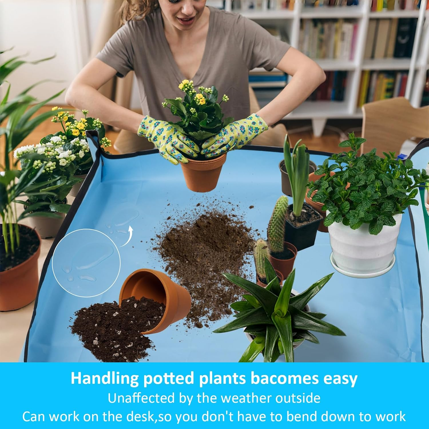 Repotting Mat for Indoor Plant Transplanting and Mess Control, 29.5"X 29.5" Blue Oxford Fabric Waterproof Succulent Potting Mat, Foldable Gardening Tray for Planting, Gardening Gifts for Plant Lovers image number 1