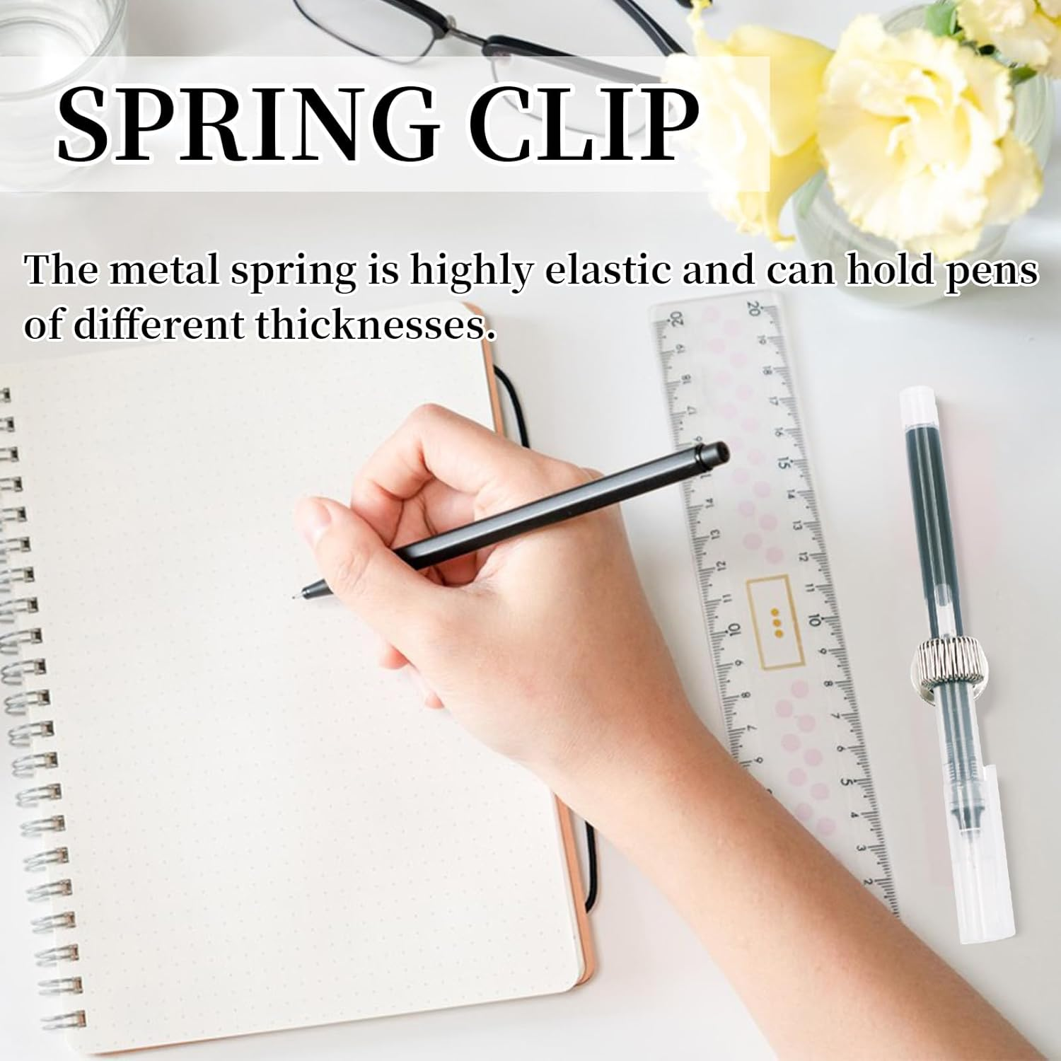 12Pcs Adhesive Pen Holder, Manganese Steel Pen Clip Holder with Elastic Spring Pen Loop, Stick on Pencil Pen Holder for Notebook Clipboard Whiteboard Refrigerator Car, 4 Colors image number 2